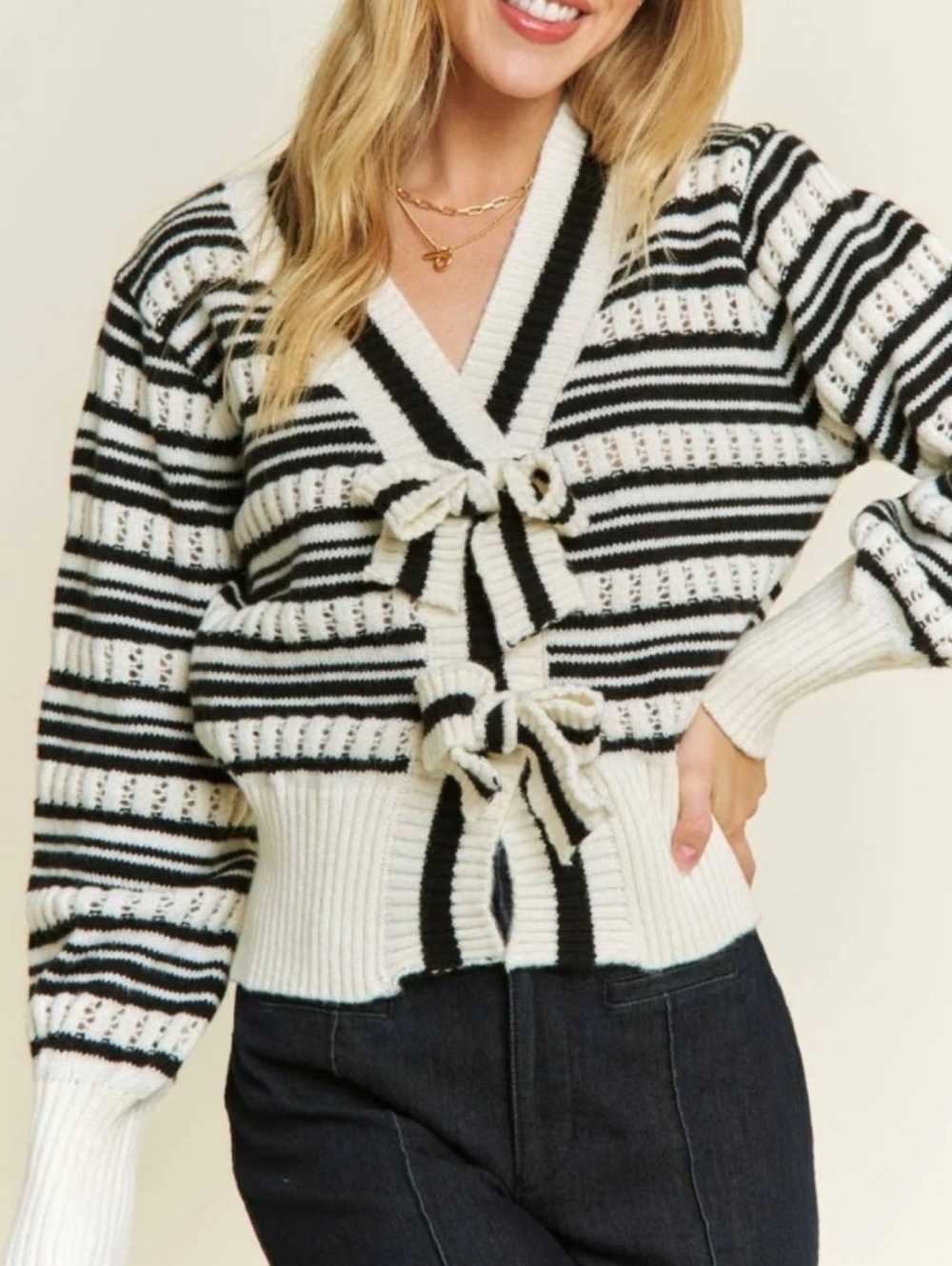 In The Beginning Loose Fit Striped Bow Cardigan Medium Black White Puff Sleeves